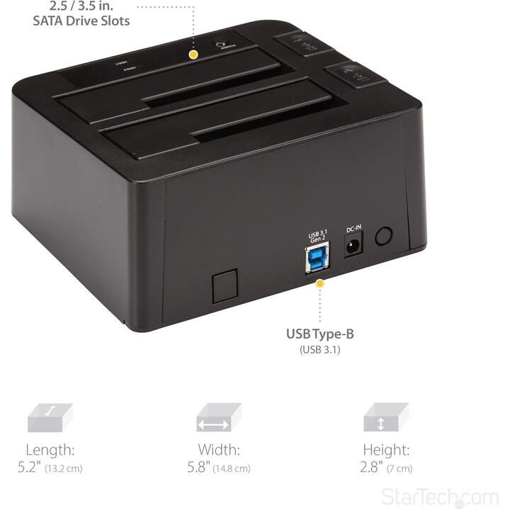 StarTech USB 3.1 to SATA Dual Bay Docking Station, USB 3.1 (10 Gbps), SATA I/II/III externo de 2,5/3,5", SSD/HDD, bahía de disco
