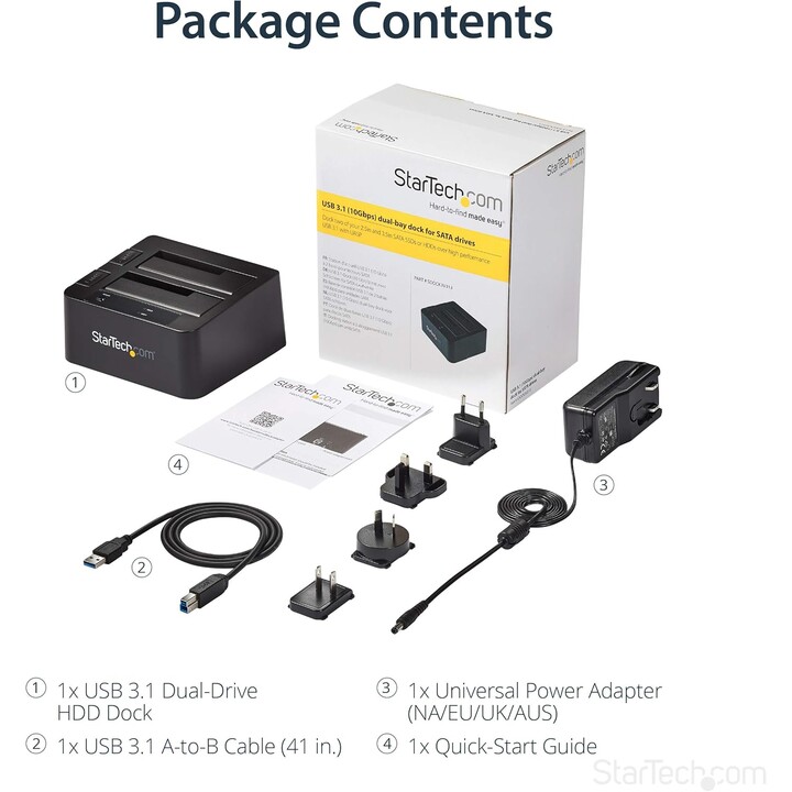 StarTech USB 3.1 to SATA Dual Bay Docking Station, USB 3.1 (10 Gbps), SATA I/II/III externo de 2,5/3,5", SSD/HDD, bahía de disco