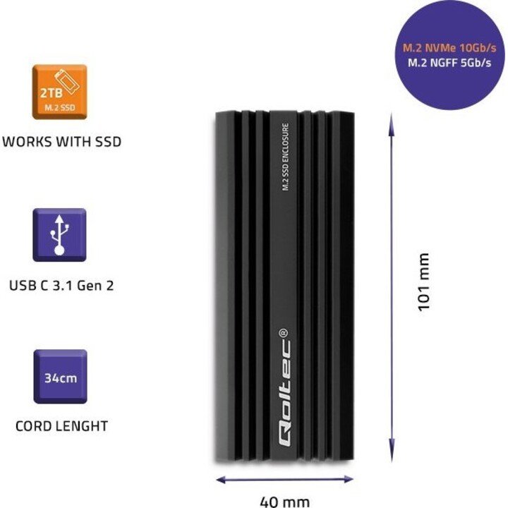 Qoltec 52270 NV2270 Carcasa para SSD M.2, SATA, NVMe, USB-C, 2TB, Negro