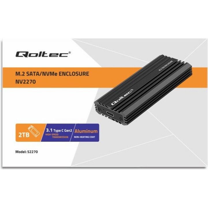 Qoltec 52270 NV2270 Carcasa para SSD M.2, SATA, NVMe, USB-C, 2TB, Negro