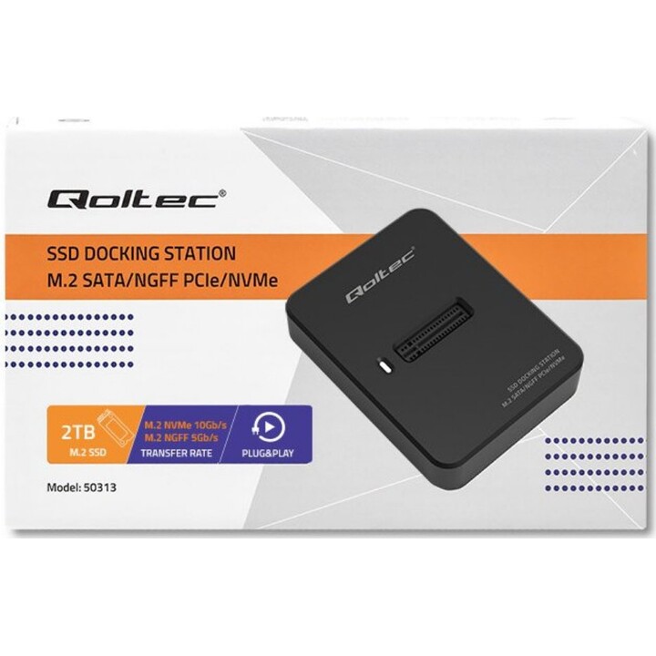 Qoltec 50313 SSD Docking Station M.2 SATA/PCIe, NGFF/NVMe, USB 3.1, Negro