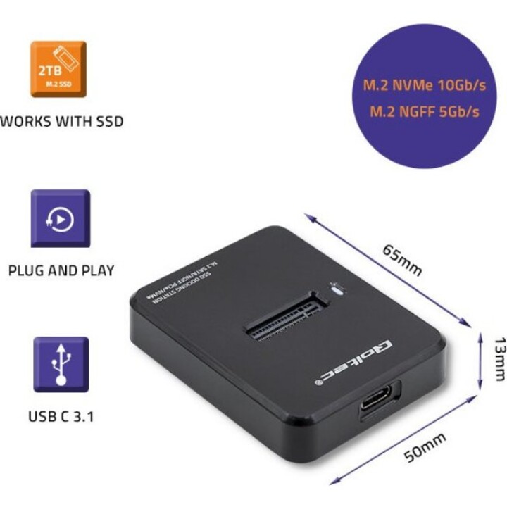Qoltec 50313 SSD Docking Station M.2 SATA/PCIe, NGFF/NVMe, USB 3.1, Negro