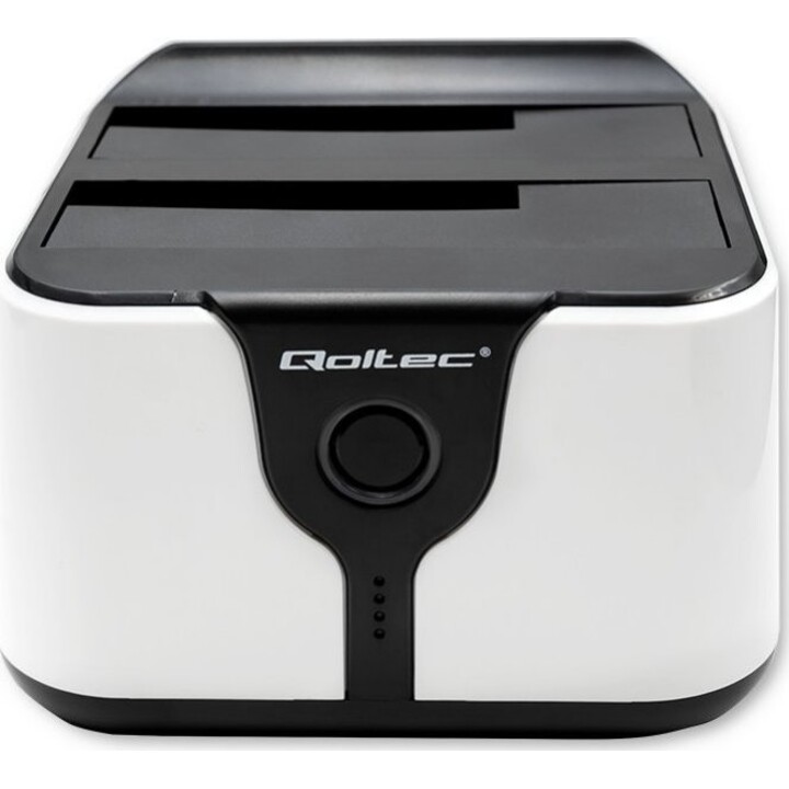 Qoltec 50309 Station d'accueil HDD SSD 2,5" et 3,5", SATA III, USB 3.0, 5 Gb/s SuperSpeed, avec fonction de clonage, blanc
