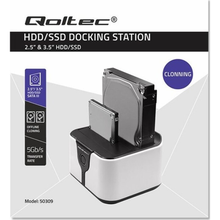 Qoltec 50309 Station d'accueil HDD SSD 2,5" et 3,5", SATA III, USB 3.0, 5 Gb/s SuperSpeed, avec fonction de clonage, blanc