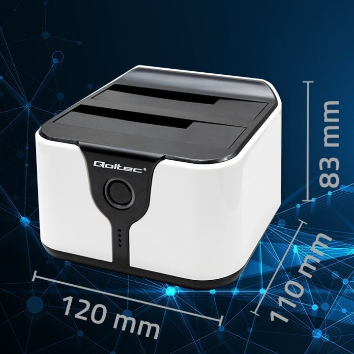 Qoltec 50309 Station d'accueil HDD SSD 2,5" et 3,5", SATA III, USB 3.0, 5 Gb/s SuperSpeed, avec fonction de clonage, blanc
