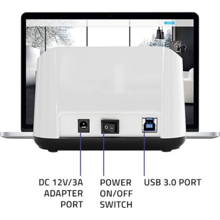 Qoltec 50309 Station d'accueil HDD SSD 2,5" et 3,5", SATA III, USB 3.0, 5 Gb/s SuperSpeed, avec fonction de clonage, blanc