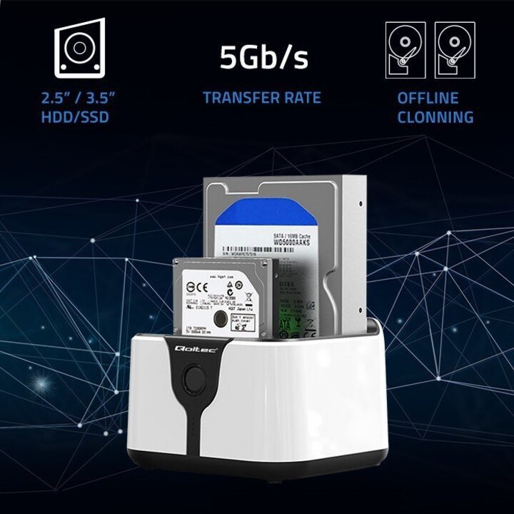 Qoltec 50309 Station d'accueil HDD SSD 2,5" et 3,5", SATA III, USB 3.0, 5 Gb/s SuperSpeed, avec fonction de clonage, blanc