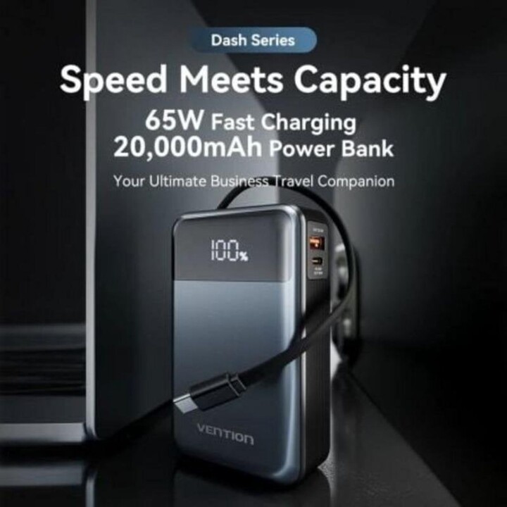 Batteria esterna Vention 20000mAh FHYB0 USB-C 65W, grigia, con cavo integrato
