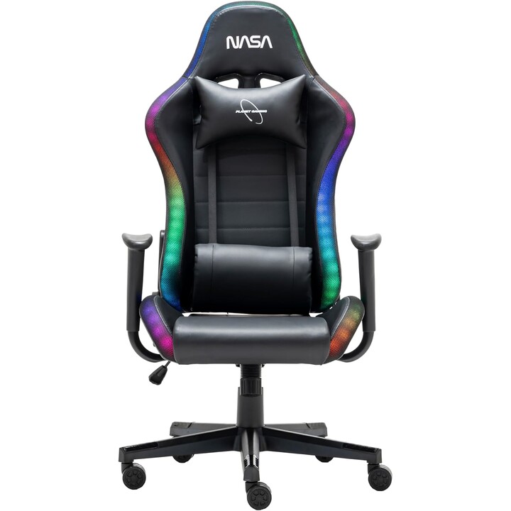 Schwarzer Gaming-Stuhl NASA PIONEER mit verstellbarer Rückenlehne, Armlehnen und RGB-Beleuchtung