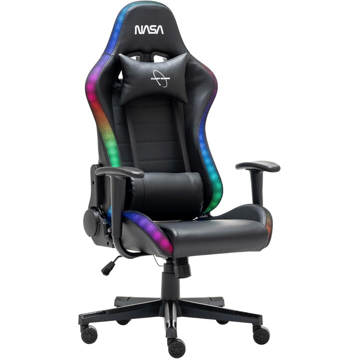 Schwarzer Gaming-Stuhl NASA PIONEER mit verstellbarer Rückenlehne, Armlehnen und RGB-Beleuchtung