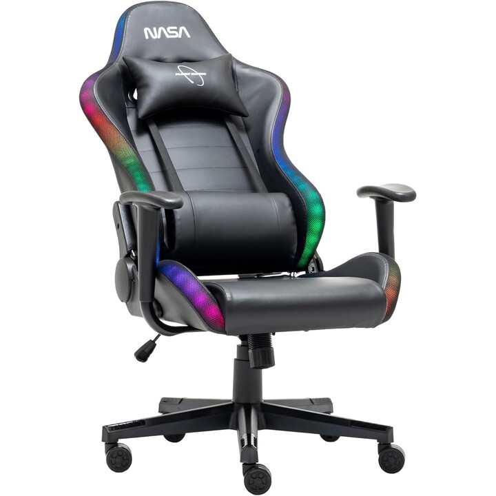 Schwarzer Gaming-Stuhl NASA PIONEER mit verstellbarer Rückenlehne, Armlehnen und RGB-Beleuchtung