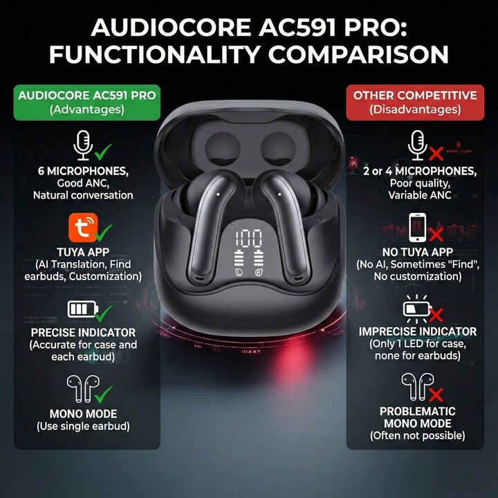 Auricolari wireless Audiocore, ANC ibrido, ENC, 6 microfoni, custodia di ricarica, Tuya, AC591 PRO