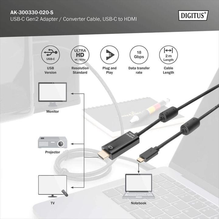 Câble ASSMANN Digitus USB-C vers HDMI 4K mâle/mâle 2 m noir