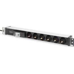 Regleta Digitus de 19", 6 tomas, 1U, 250 V CA, 50/60 Hz, 16 A, 4000 W, con interruptor de protección de línea, Plata, Negro