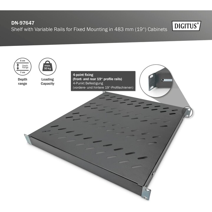 Digitus Estante, Profundidad variable, Para instalación fija, 19", 1U, Capacidad de carga 50 kg, Para armarios de red y servidor