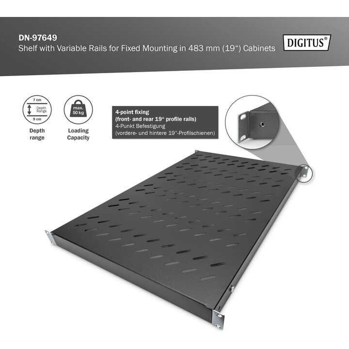 Digitus Estante, Profundidad variable, Para instalación fija, 19", 1U, Capacidad de carga 50 kg, Para armarios de red y servidor