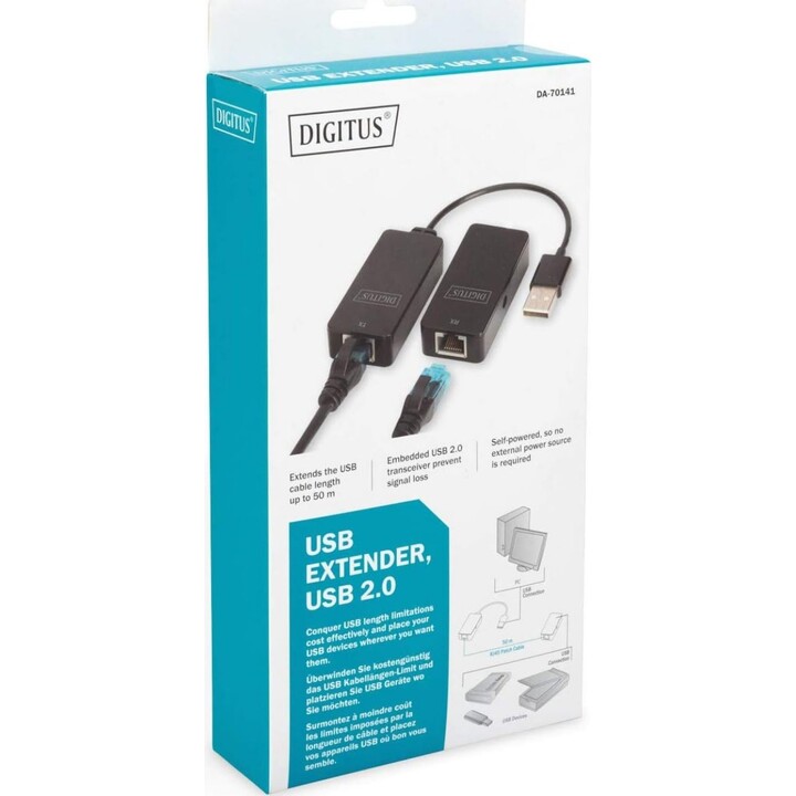 Digitus USB Extender, Range 50m, USB 2.0, UTP, STP & S-FTP Cat-5 Network Cable, Plug & Play, Black