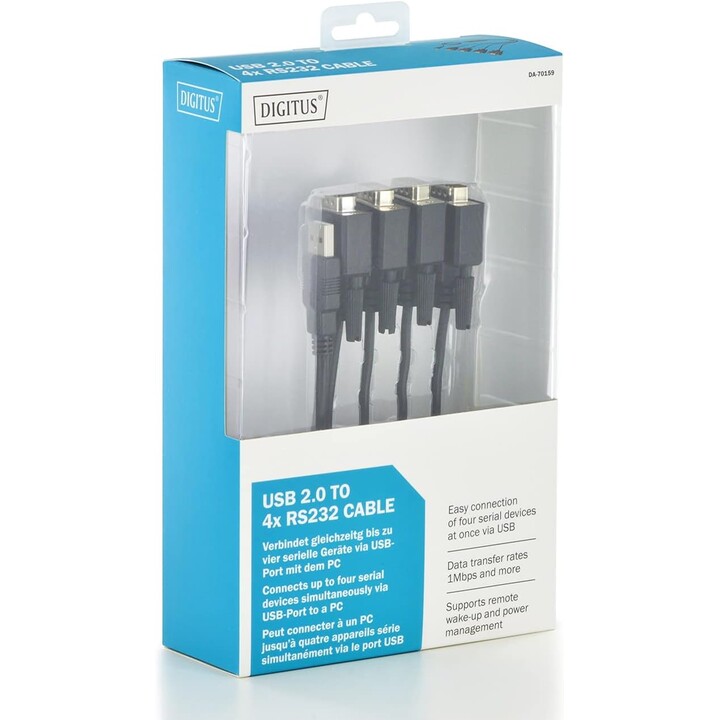 Digitus USB auf 4x Seriell Adapter, RS232 Konverter, USB 2.0 Typ-A auf 4x DSUB 9M, FTDI Chipsatz, 1.5m Schwarz