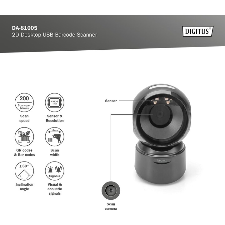 Digitus 2D Barcode Scanner, omnidirectional desktop, 200 scans, 10cm range, Black