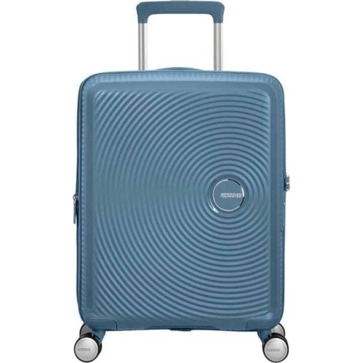Maleta de cabina American Tourister SoundBox Spinner 55cm azul piedra expandible 4 ruedas TSA