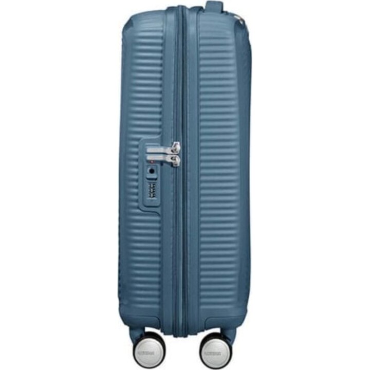 Valigia cabina American Tourister SoundBox Spinner 55 cm Stone Blue espandibile 4 ruote TSA