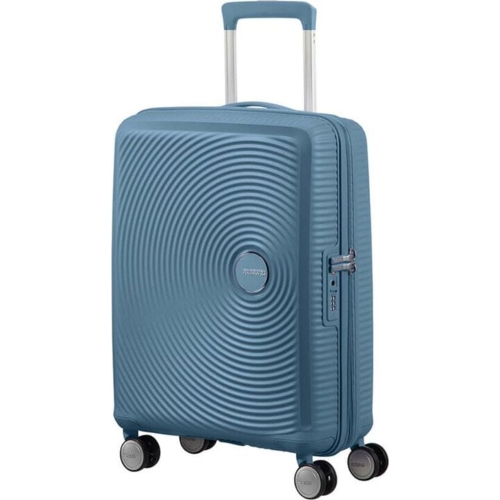 Valigia cabina American Tourister SoundBox Spinner 55 cm Stone Blue espandibile 4 ruote TSA