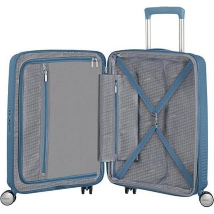 Valigia cabina American Tourister SoundBox Spinner 55 cm Stone Blue espandibile 4 ruote TSA