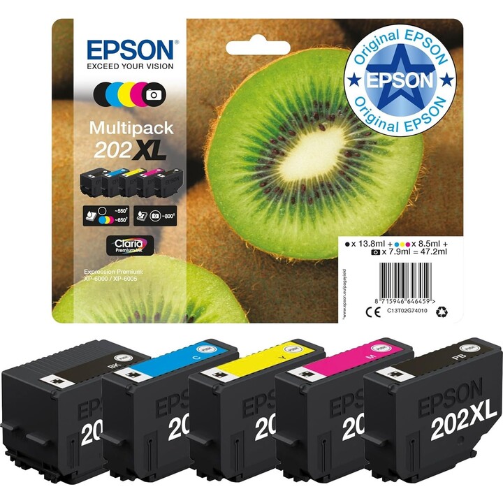 Epson T02G740 Multipack 202XL, 47.2ML, Ink Cartridge, MultiColor, Kiwi