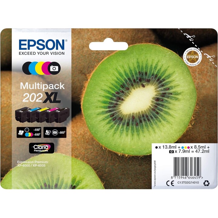 Epson T02G740 Multipack 202XL, 47.2ML, Ink Cartridge, MultiColor, Kiwi