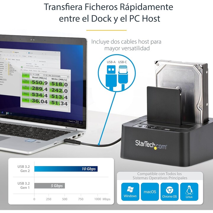 StarTech Standalone USB 3.1 Docking Station for 2.5" and 3.5" SATA SSD/HDD, Black
