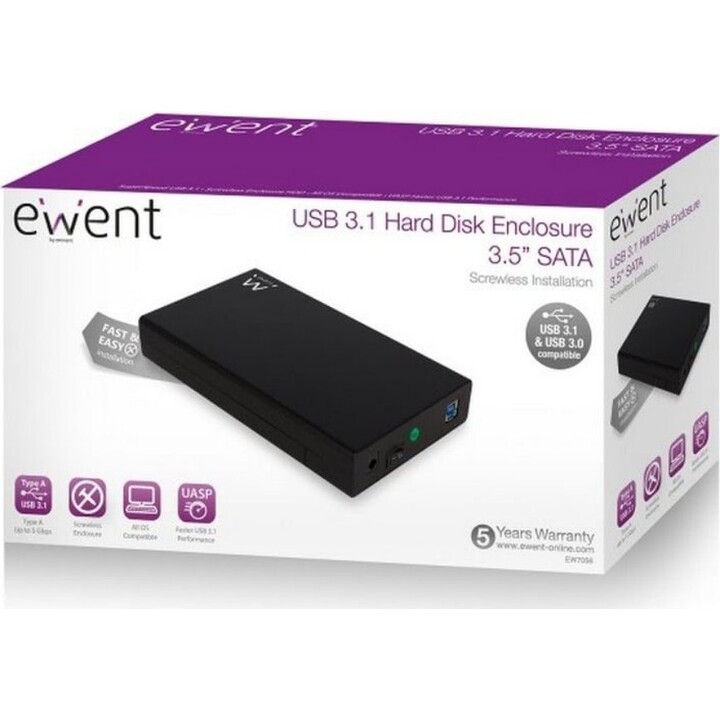 Ewent 3,5 polegadas SATA Hard Drive Enclosure Tool-Free USB 3.1, Preto