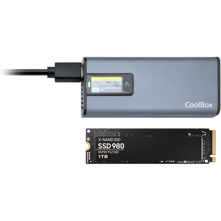 CoolBox Externes SSD-Gehäuse M2 NVME und SATA, mit miniChase PS32 Touchscreen, USB3.2, Gray
