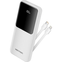 Batterie externe Vention FHOW0 10 000 mAh avec câble USB-C et Lightning intégré, écran LED 22,5 W, blanc