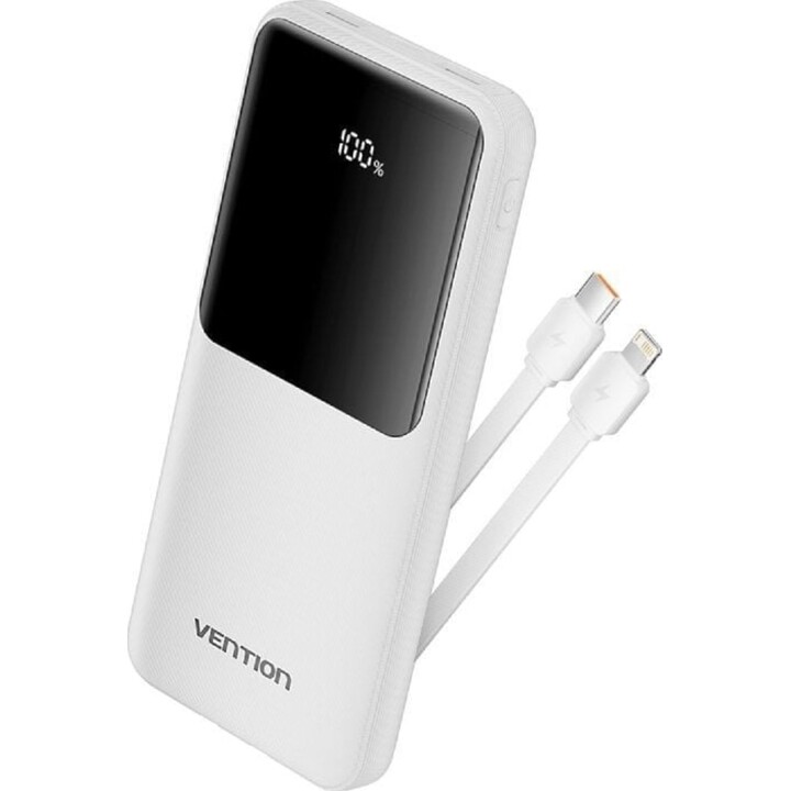Batteria esterna Vention FHOW0 da 10000 mAh con cavo USB-C e Lightning integrato, display LED da 22,5 W, bianco