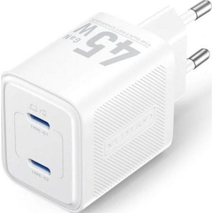Cargador de Pared GaN Vention FEFW0-EU 2xUSB-C 45W Blanco