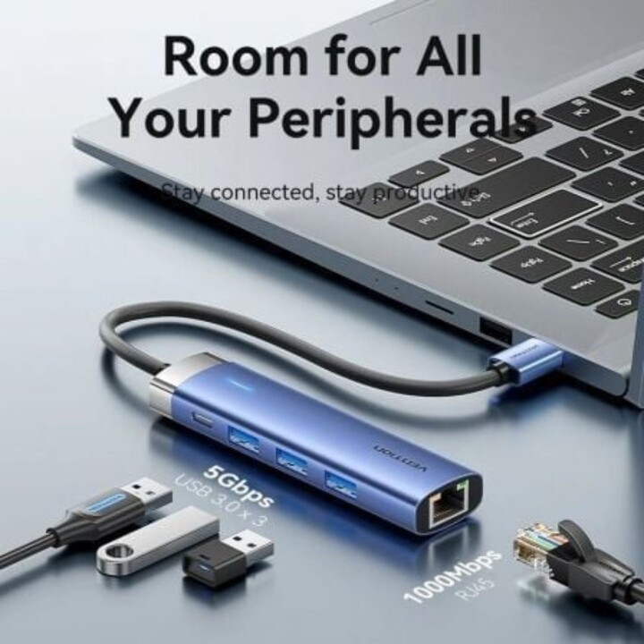 Vention USB Hub TGFSB 3xUSB 3.0/RJ45/USB-C PD liga de alumínio 5Gbps