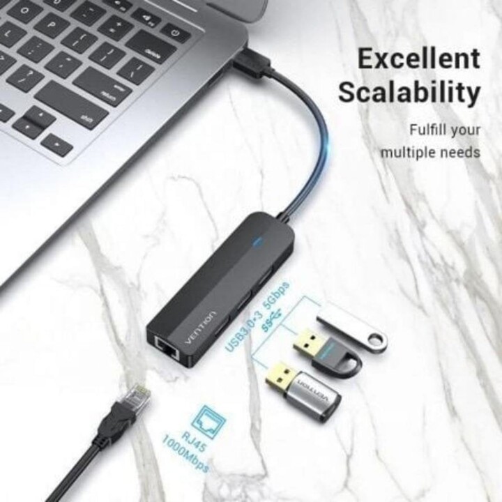 Vention Hub 3 portas USB 3.0 5 Gbps modelo CHNBB com Gigabit Ethernet e MicroUSB PD