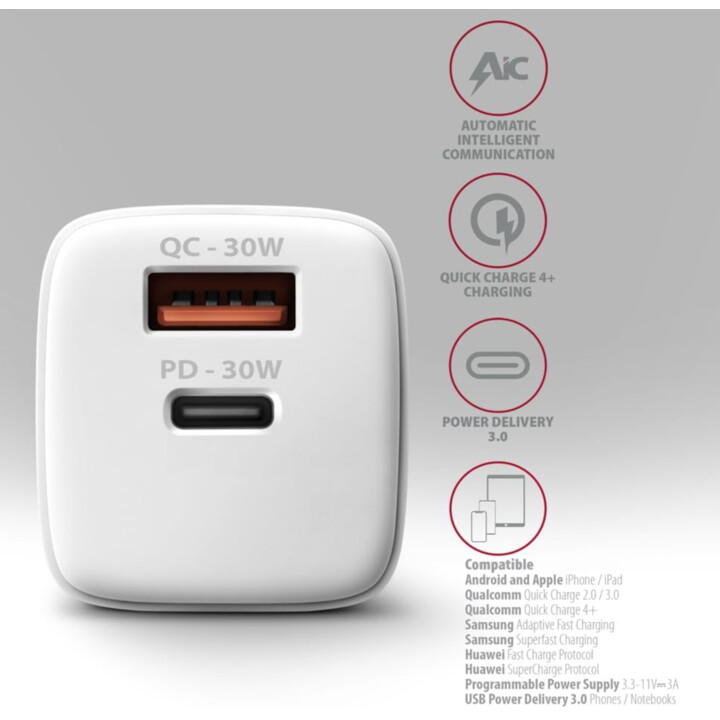 CARGADOR MÓVIL PARED USB 30W/2 PUERTOS BLANCO ACU-PQ30W AXAGON