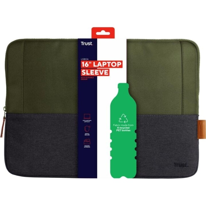 Funda portátil Trust Lisboa hasta 16" tejido reciclado acolchado impermeable verde elegante