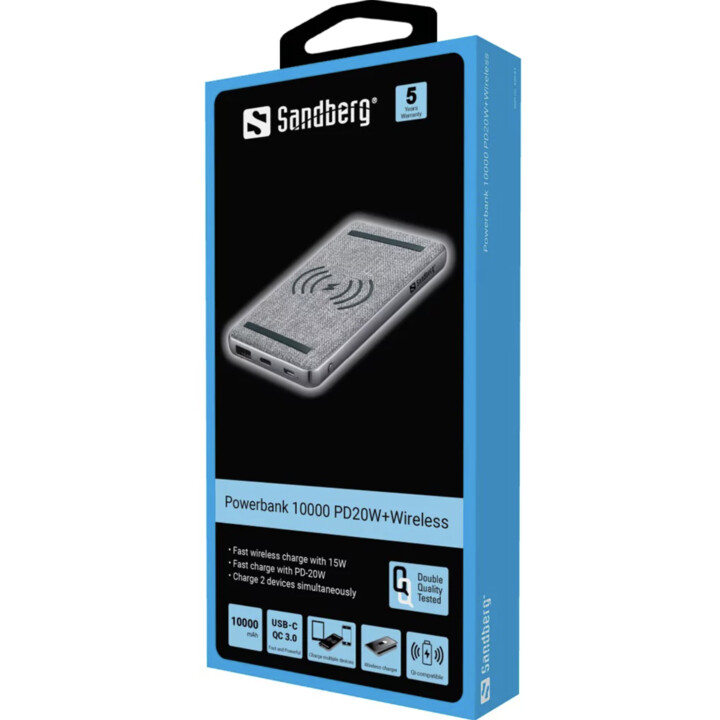 Banco de energía inalámbrico Sandberg 420-61 de 10 000 mAh y 20 W QC3.0 con USB-A/USB-C, color gris