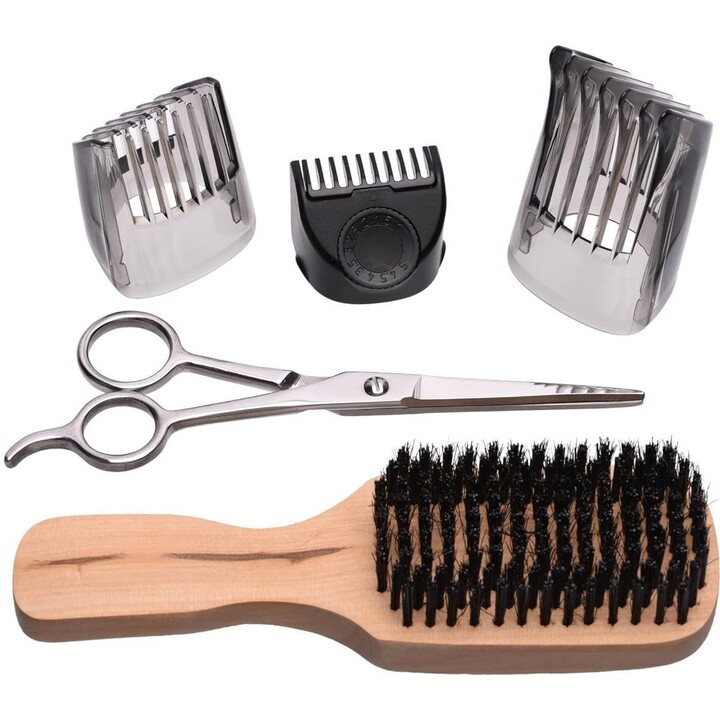 Kit cortabarbas Remington, cuchillas de titanio, 3 peines ajustables, cepillo para barba y tijeras, 90 min de autonomía, batería