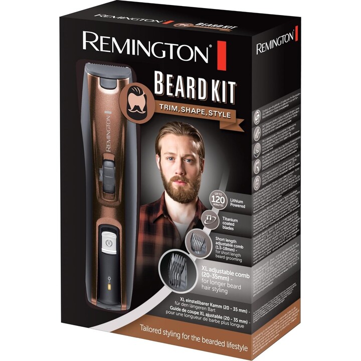 Kit cortabarbas Remington, cuchillas de titanio, 3 peines ajustables, cepillo para barba y tijeras, 90 min de autonomía, batería