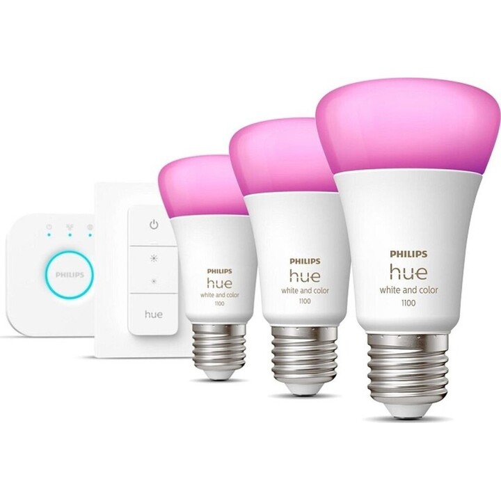 Kit lampadine Philips Hue Smart Led + Dimmer + Bridge/ Attacco E27/ 9W/ 1100 Lumen/ 2000K-6500K/ 3 unità