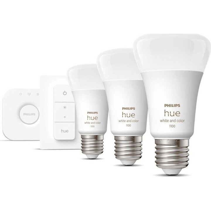 Kit lampadine Philips Hue Smart Led + Dimmer + Bridge/ Attacco E27/ 9W/ 1100 Lumen/ 2000K-6500K/ 3 unità