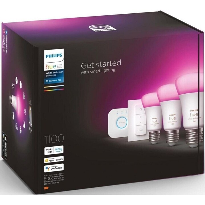 Kit lampadine Philips Hue Smart Led + Dimmer + Bridge/ Attacco E27/ 9W/ 1100 Lumen/ 2000K-6500K/ 3 unità