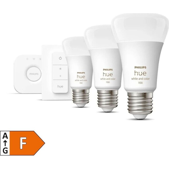 Kit lampadine Philips Hue Smart Led + Dimmer + Bridge/ Attacco E27/ 9W/ 1100 Lumen/ 2000K-6500K/ 3 unità