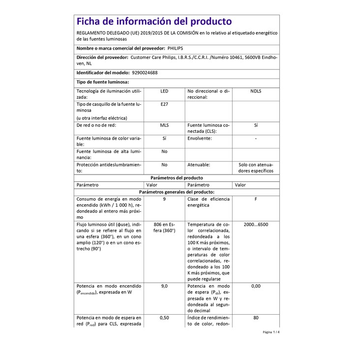 Kit lampadine Philips Hue Smart Led + Dimmer + Bridge/ Attacco E27/ 9W/ 1100 Lumen/ 2000K-6500K/ 3 unità