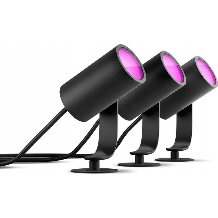 Philips Hue Lily 3 focos LED inteligentes para exteriores (IP44), luz LED blanca y luces de colores, Negro