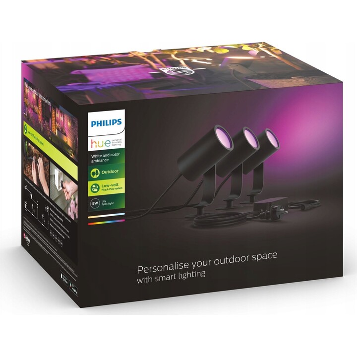 Philips Hue Lily 3 focos LED inteligentes para exteriores (IP44), luz LED blanca y luces de colores, Negro