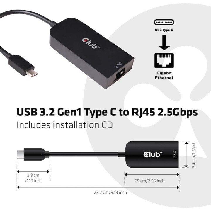 Club 3d Usb 3.2 Type C Adapter For 2.5 Gigabit Ethernet St./bu Black Cac 1520